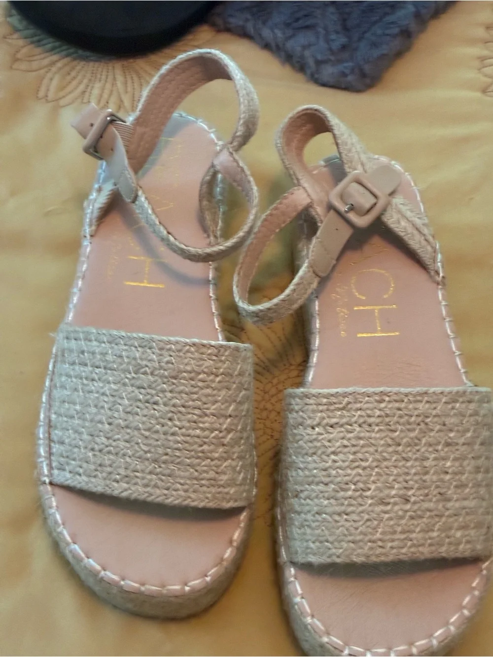 Matisse Beige Woven Espadrille Platform Sandals. Ankle buckle